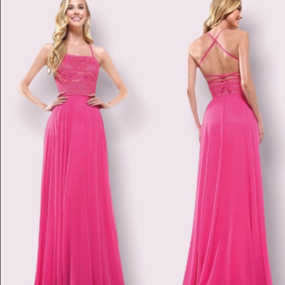 Glow Dress Strappy Lace Top Chiffon A-Line Gown in Pink